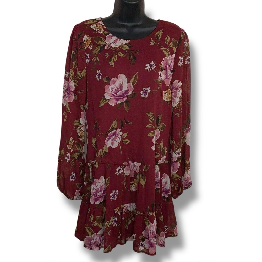 Small Trixxi Burgundy Red Purple Pink Floral Long Sleeve Tunic Top Ruffle Bottom